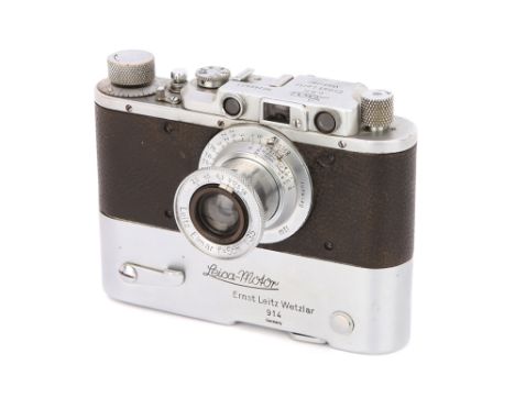 1937, chrome, serial no. 266521, with Leitz Elmar f/3.5 50mm lens, 1932, chrome, serial no. 124128, body, G, shutter working,