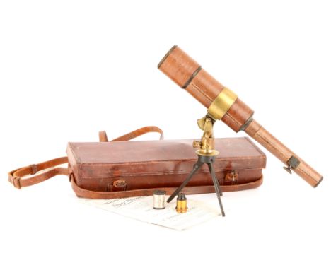 English, c.1900, signed Davon, lacquered black oxidised brass body with stitched pig skin, with folding tripod and lenses to 