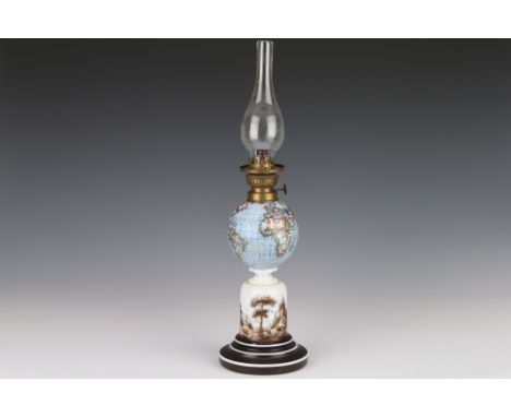 French, C.1880, unmarked, with lithograph print of globe forming the oil reservoir, with coloured screen to base, globe diame