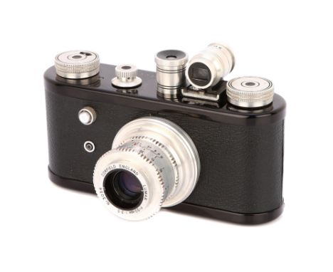 1954, black, serial no. 3135, with Corfield Lumar f/3.5 50mm lens, chrome, serial no. 3054, body, VG, shutter sticking, lens,