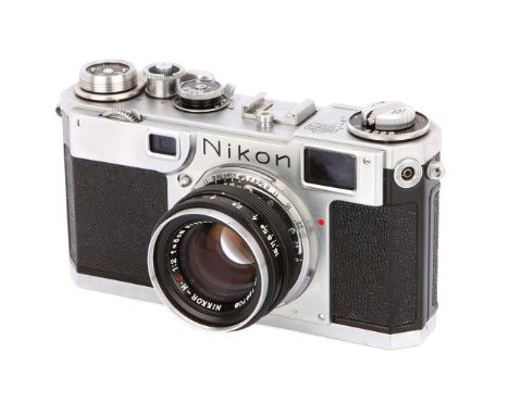 1954-58, chrome, serial no. 6183385, with Nikkor-H.C f/2 50mm lens, black, serial no. 726708, body, VG-E, rangefinder require