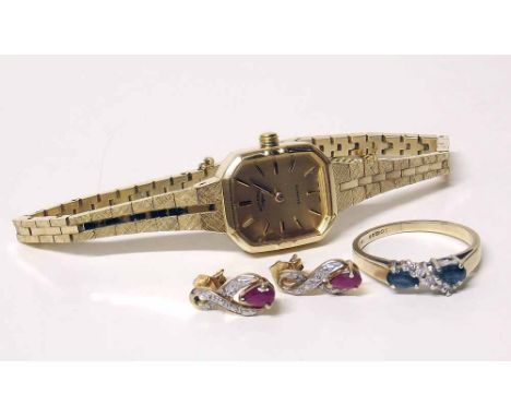 Rotary Quartz lady's watch, 9ct gold London topaz and diamond ring, also a pair of ruby earrings. Condition report: see terms