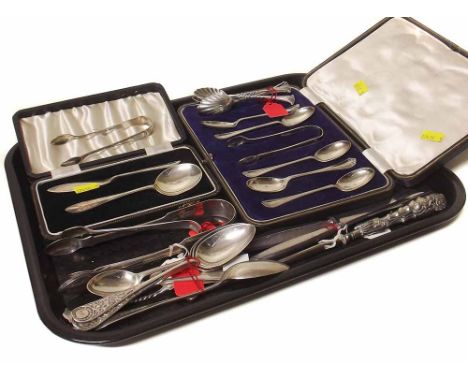 Collection of silver teaspoons, tongs, button hook and other flatware Condition report: see terms and conditions