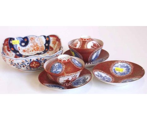 Japanese square shape Imari dish also two lidded eggshell bowls and saucers with covers and another saucer. Condition report: