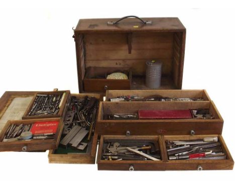 Wooden box containing engineering tools and an aluminium container with drills. Condition report: see terms and conditions