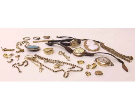 9ct mounted cameo brooch, 3 vintage watches and a mixed group of yellow metal items Condition report: see terms and condition