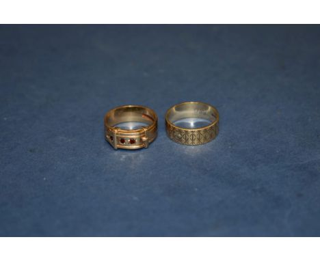 A 9ct gold and ruby buckle ring; together with a 9ct gold wedding band; a 15ct turquoise and pearl ring; and a ruby and pearl