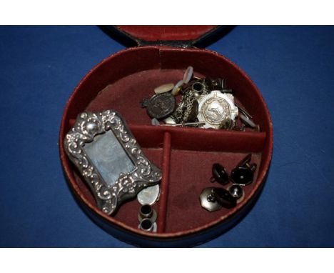 A part set of silver, black onyx and seed pearl dress cufflinks,&nbsp;buttons and studs; together with a silver cricket medal