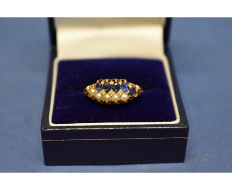An 18ct gypsy set sapphire and pearl ring; together with a 9ct diamond and sapphire ring, (2). 