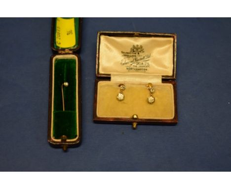 A cased pair of 9ct gold pendant earrings;&nbsp;together with a cased pearl tie pin. 
