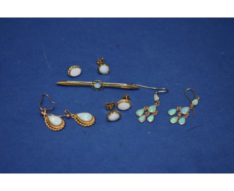 Two pairs of 9ct gold opal earrings;&nbsp;together with two similar pairs unmarked; and a 15ct gold opal bar brooch. (5) 