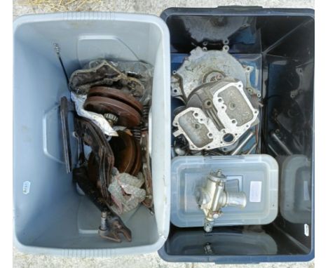 Two boxes of spares,&nbsp;the black box containing Velocette crankcase, cylinder head, Amal GP carburettor, matchbox float pl