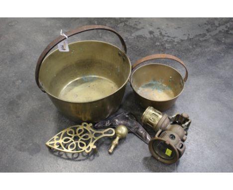 Regalite carbine lamp, two jam pans, trivet etc 