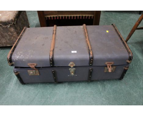 Vintage black and grey steamer trunk with metal locks, 90 cm long