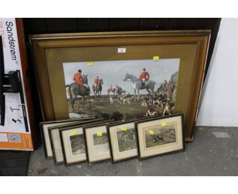 Hunting prints, six small mounted in Hogarth frames, +/- 28 cm x 22 cm, and one larger in gilt frame and mounted, 82 cm x 65 