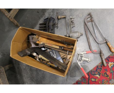 Box of hand tools, vice, saws, mincer etc