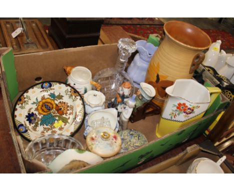 Box of jugs, decanter, decorative plates, ornaments etc  