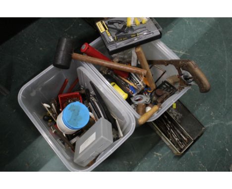 Two boxes of hand tools, drill bits, sockets, wood dies etc 