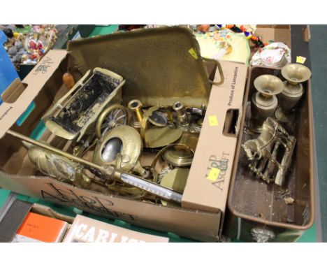 Planter and box of brassware, horse and cart, thermometer, candlesticks etc