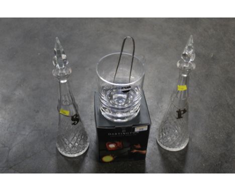 Two tall decanters with silver plated decanter labels and Dartington Crystal ice bucket with tongs