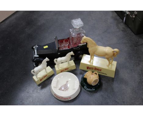 Model Rolls Royce car with decanter, shot glasses etc. and box of Breweriana to include White Horse Whisky, Famous Grouse, et
