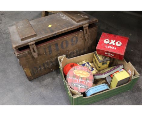 Wooden ammunition box and box of vintage tins