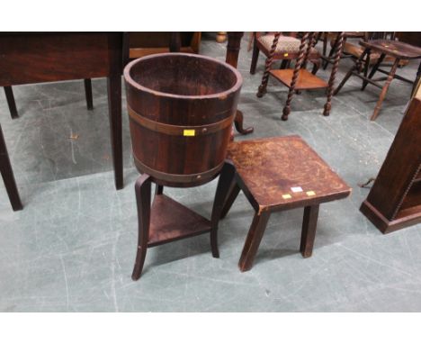 19th century coopered barrel planter and four legged square stool decorated with exotic bird, barrel by R A Lister, 70 cm tal