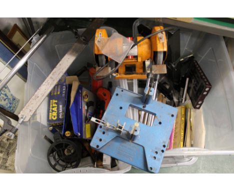 Two boxes of hand tools, electric jigsaw, blow torches, mitre saw, bench grinder etc  