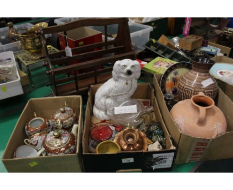 Magazine rack, 2 boxes of china and glassware, heart shaped flask, doorstops, part oriental tea set etc 