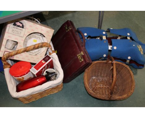 Mannequin, combination briefcase, baskets, 18 piece tea set, boxed corkscrew etc   
