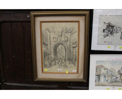 20th century Jewish School monogram lithograph, street scene, 43 x 33 cm, indistinctly signed in pencil, in gilt frame and gl
