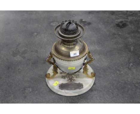 Marble and brass oil lamp base with floral decoration and plaque, Presented to The Officers Mess Depot, Manchester Regiment b