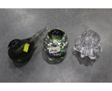 Caithness Glass paperweight and two others (bird and octopus)
