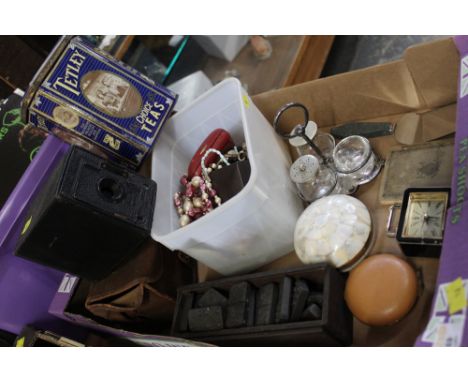 Box of dominoes, clock, cruets, camera, costume jewellery etc