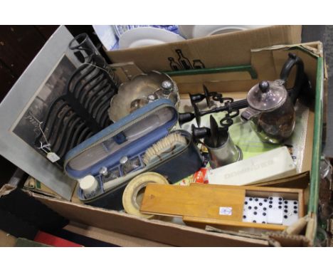 Snuffbox, vanity bottles, metal sign, Pears picture, dominoes etc