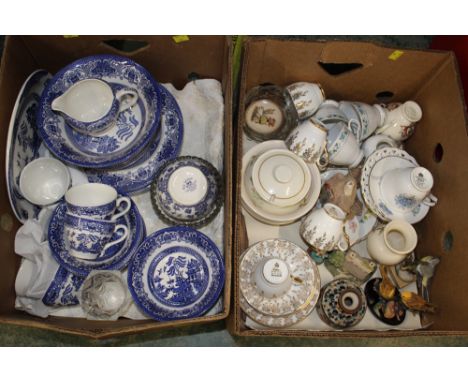 Two boxes of china, Willow pattern dinner service, Lilliput Lane houses, cups and saucers etc 