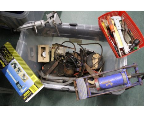 Box of tools, vice, foot pump, plane etc 
