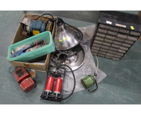Plastic storage drawers, stainless steel ceiling light fitting, riveter, Black &amp; Decker bench grinder etc 