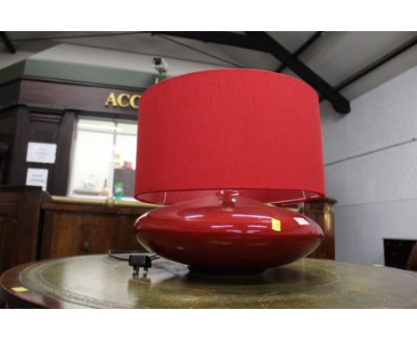 Large red squat based lamp with matching shade, 43 cm diameter 