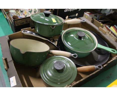Four green enamel Le-Creuset pans and Circulon non-stick frying pan 
