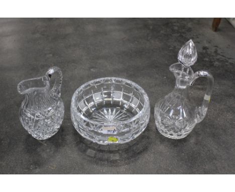 Cut glass decanter, jug and fruit bowl 