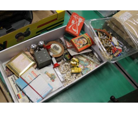 Box of playing cards, cruet, slate dice and costume jewellery etc