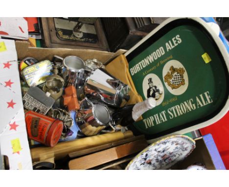 Burtonwood Ale advertising tray, decorative plates, commemorative 1981 lager, rolling pin etc