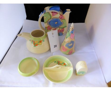 Clarice Cliff, Blue Chintz teapot & conical sugar sifter, Stamford shape teapot with broken spout, sifter with discolouratiio
