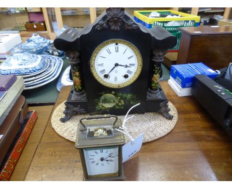 A Seth Thomas 1899 Adamantine 2 pillar mantle clock together with a brass Gorge cased carriage clock.