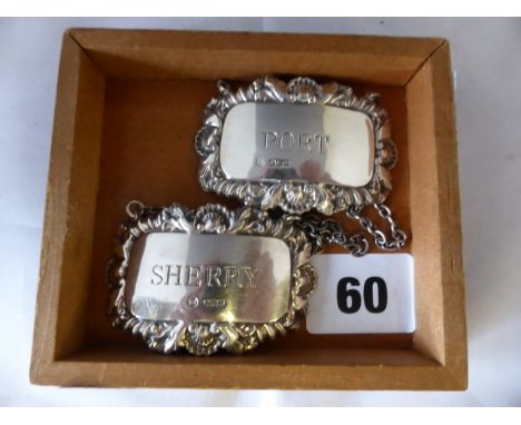 Two silver Francis Howard Sheffield decanter labels c1966 & c1975.