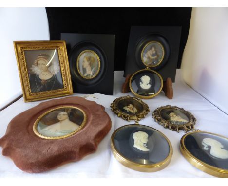 Four watercolour portrait miniatures, two miniature portrait prints & three reproduction cameos (9), 