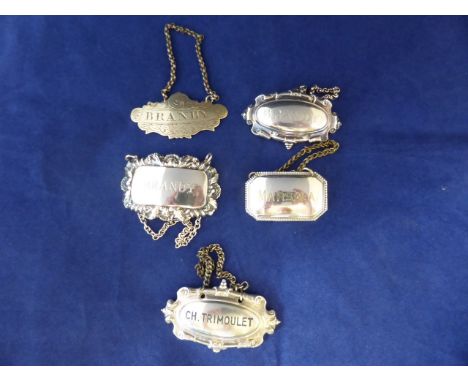 Three Brandy, x1 CH.Trimoulet, x1 Marsala silver plated decanter labels (5).