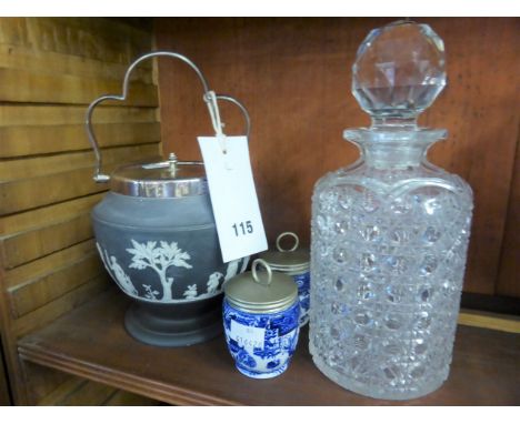 A late 19th century Wedgwood black dip Jasperware biscuit jar, a late Georgian cut glass decanter and a pair of Royal Worcest