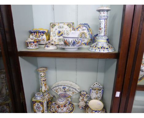 A large quantity of various Faience pottery (19)., to include a caddy, bag, fan etc.
